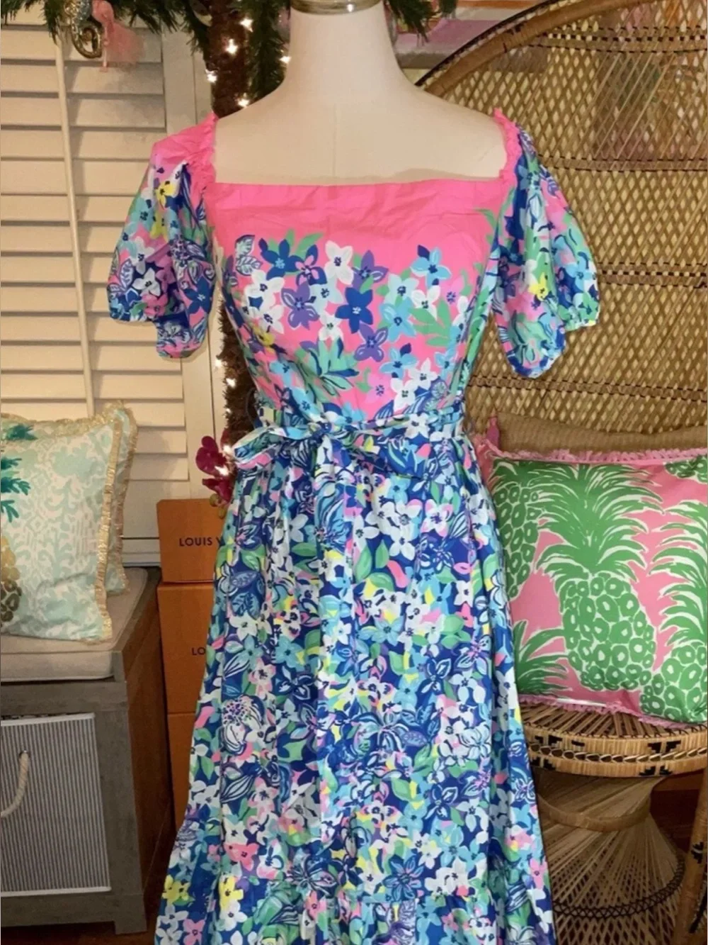 Lilly Pulitzer Pink Blue Green Floral Maxi Dress with Puff Sleeves - Picture 2 of 6